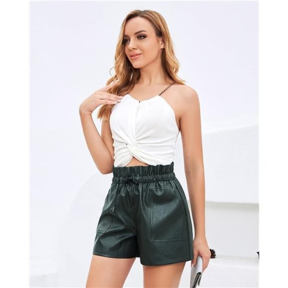 Green color Faux High Waisted Wide Leg Sexy Shorts - Picture 5 of 7